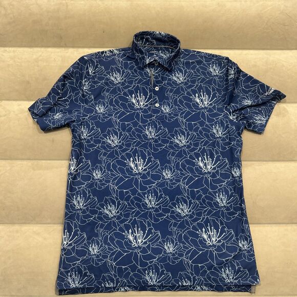 Johnnie O Mens Medium Blue Flower Floral Golf Polo Shirt Performance - Picture 1 of 7